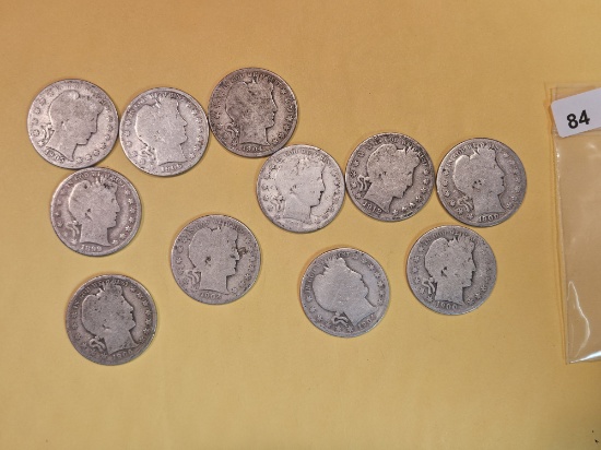 Eleven mixed silver Barber Half Dollars