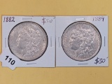 Two About Uncirculated plus Morgan Silver Dollars
