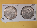 Two About Uncirculated plus Morgan Silver Dollars