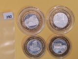 Four Ten Dollar .999 fine silver-center Casino Gaming Tokens
