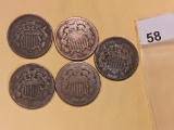 Five mixed Two-Cent pieces
