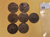 Seven mixed Two-Cent pieces