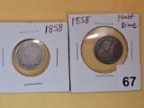 Two 1858 Seated Liberty Half Dimes