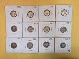 Twelve mixed silver Mercury Dimes