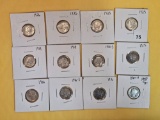 Twelve mixed silver Mercury Dimes