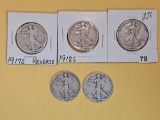 Five mixed Walking Liberty Half Dollars