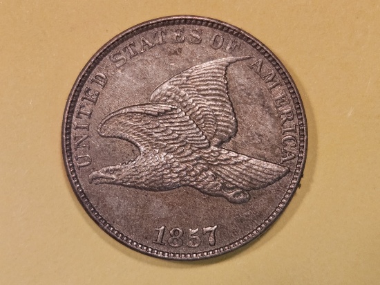 1857 Flying Eagle Cent in About Uncirculated 58