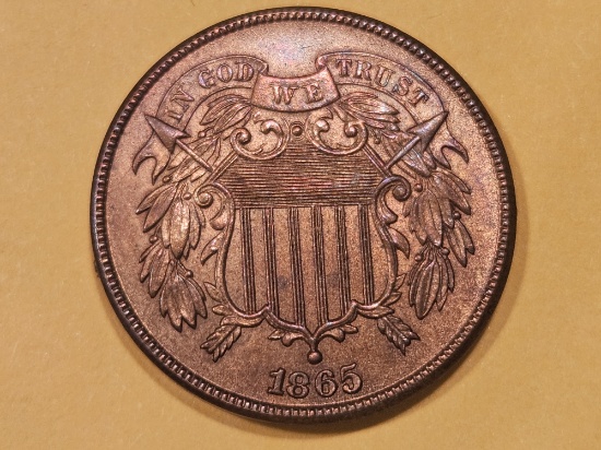 Very Choice Brilliant Uncirculated 1865 Two-Cent in Red-Brown