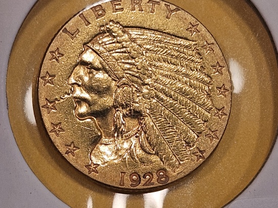 GOLD! Brilliant About Uncirculated plus 1928 Gold Indian $2.5 Dollars