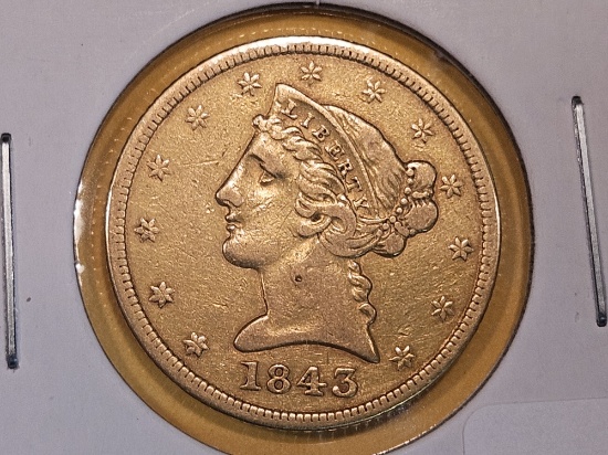 GOLD! Better Date 1843 Gold Liberty head Five Dollars