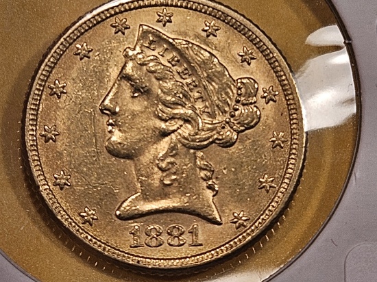 GOLD! Brilliant AU-BU 1881 Gold Liberty Head Five Dollars