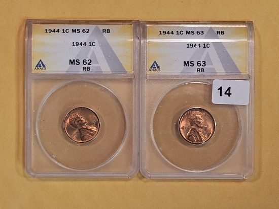 Two ANACS-graded Red-dish Brilliant Uncirculated Wheat cents