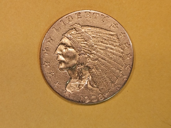 GOLD! Brilliant About Uncirculated 1908 Gold Indian Head $2.5 Dollars