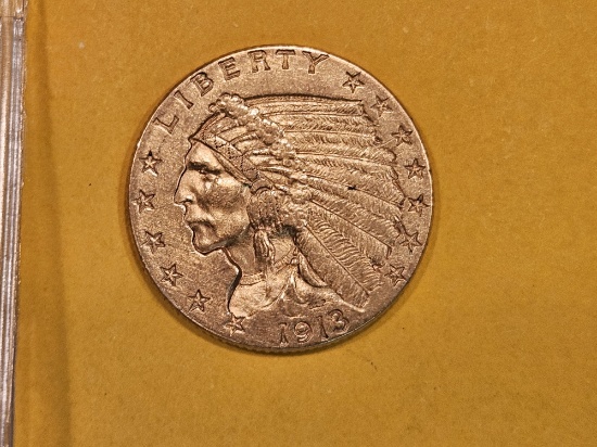 GOLD! Brilliant About Uncirculated Plus 1913 Gold Indian Head $2.5 Dollars