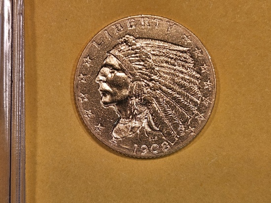 GOLD! Brilliant About Uncirculated 1908 Gold Indian Head $2.5 Dollars