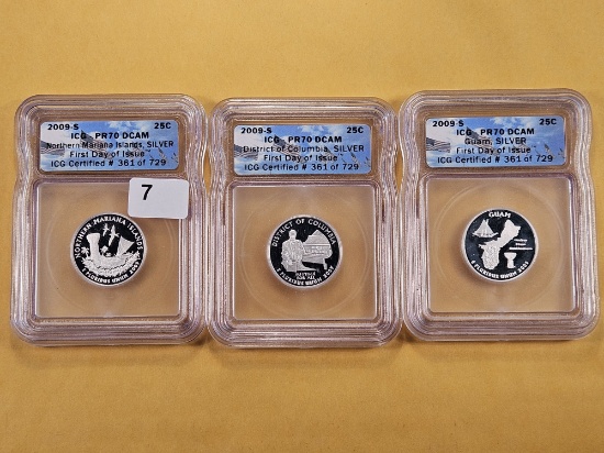 PERFECT! Three ICG 2009-S Washington Silver Quarters in Proof 70 Deep Cameo