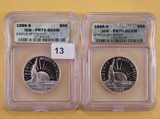 PERFECT! Two ICG 1986-S Commemorative Half Dollars in Proof 70 Deep Cameo