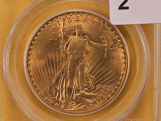 GOLD! PCGS 1908 Saint Gaudens Twenty Dollar Gold in Mint State 63