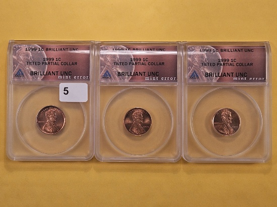MINT ERRORS! Three ANACS 1999 Lincoln Cents in Brilliant Uncirculated
