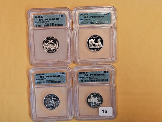 PERFECT! Four ICG-graded Washington Quarters in Proof 70 Deep Cameo