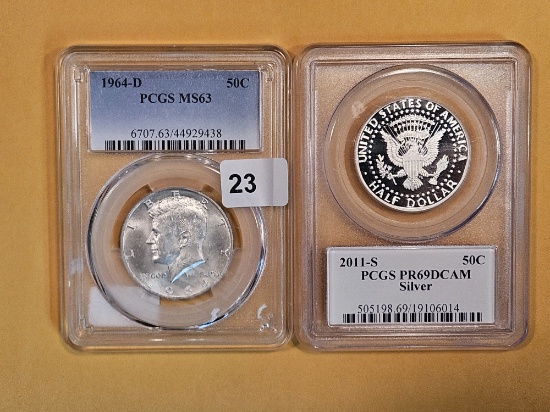 Two Silver, PCGS-graded, Kennedy Half Dollars