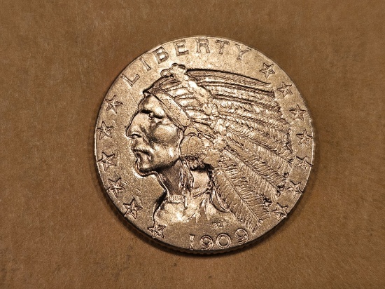 GOLD! Brilliant About Uncirculated plus 1909-D Gold Indian Five Dollars
