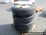 4 USED 11R24.5 TIRES ON BUDD WHEELS, STOCK # 57528