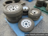 SKID OF NEW VARIOUS SIZE SMALL TRAILER TIRES ON RIMS, STOCK # 58330