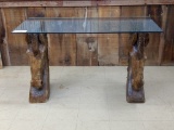 Glass Top Horse Head Sofa Table 3pc Table Featuring 2 Hand Carved Horse Heads With 3/8
