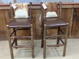 Pair Of Pub Table Height Rustic Wood & Cow Hide Back seats are 30