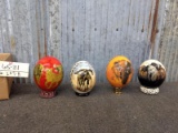 4 Ostrich Eggs With Painted / Applied Artwork Featuring African Animals