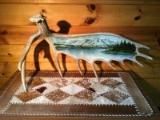 Lake and Mountain scene painted on self standing moose horn