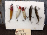 5 Vintage Fishing Lures Some With Glass Eyes