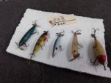 5 Vintage Fishing Lures Including Side Hook Injured Minnow Nice Group
