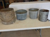 3 Vintage Galvanized Buckets & 1/2 Bushel Basket