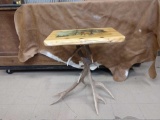 Elk antler and live edge slab wood accent table