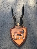 African Eland Horns Mounted On Hand Tooled / Painted Leather Plaque