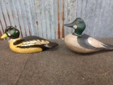 2 Folk Art Hand Carved Wooden Duck Decoys