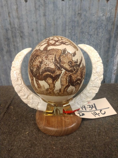 Scrimshawed Ostrich Egg With Carved Warthog Tusks Frame