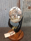 Scrimshawed Ostrich Egg On Polished Wildebeest Horn Pedestal