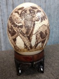 Scrimshawed Ostrich Egg On Ironwood Base