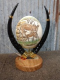 Scrimshawed Ostrich Egg On Reedbuck Horn Frame