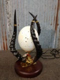 African Impala Horn Accent Lamp With Relief Carved Ostrich Egg