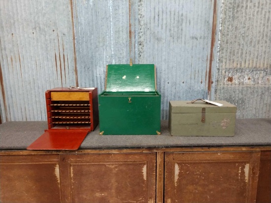 Three vintage homemade wooden fishing tackle boxes