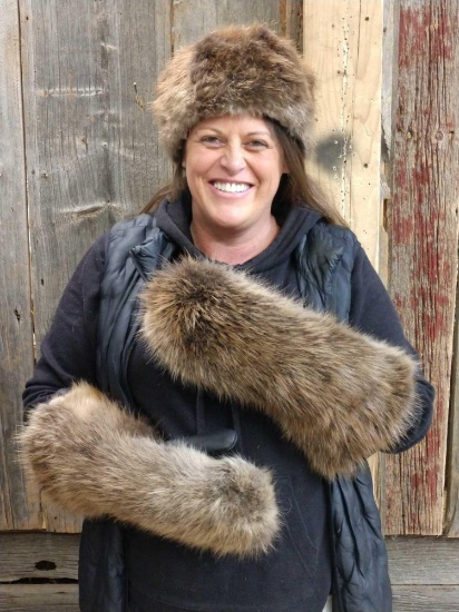 Beaver Fur Mittens & Pill Style Hat