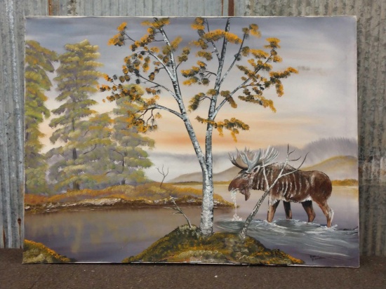 Oil On Canvas Painting Moose In Quebec