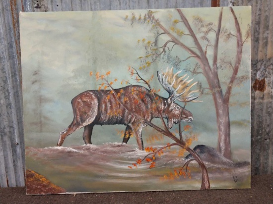 Oil On Canvas Painting Moose