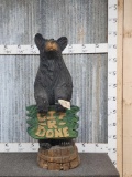 Hand Carved Wooden Bear With Sign
