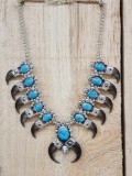 Navajo Sterling Silver Turquoise & Bear Claw Squash Blossom Necklace