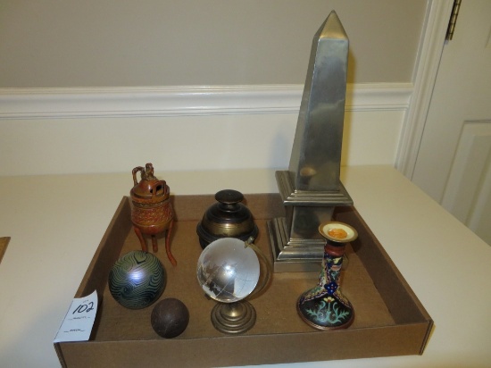 Boxlot of Small Orbs, Glass Globe, Urn, Temple Bell and Obelisk